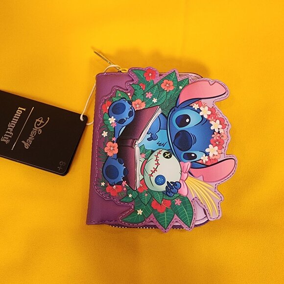 Loungefly Disney Lilo & Stitch Scrump & Stitch Reading Floral Purple Zip Wallet - Picture 9 of 13